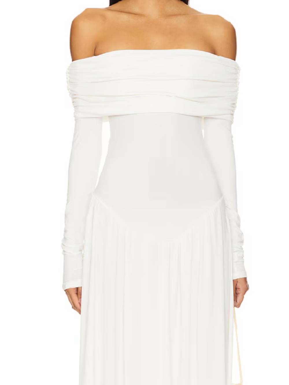 Off Shoulder Ruched Midi Dress in Ivory